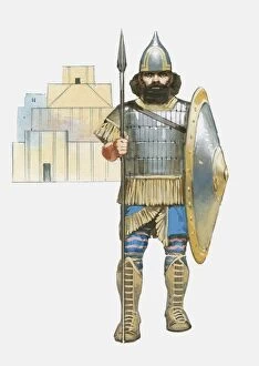 Illustration of Assyrian soldier holding spear and shield in front of building