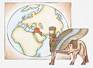 Winged Prints: Illustration of Assyrian winged bull and map highlighting territory of ancient Assyria