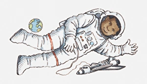 Space Shuttle Gallery: Illustration of astronaut floating in space, with spaceship and planet Earth in background