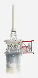Entering Prints: Illustration of astronauts entering Apollo 11 command module at the top of the Saturn V rocket