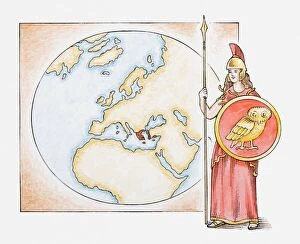 Images Dated 1st July 2010: Illustration of Athena in front of map highlighting territory of ancient Greece