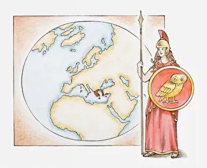 Athena Prints: Illustration of Athena in front of map highlighting territory of ancient Greece