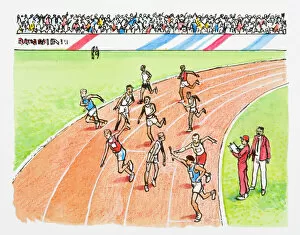 Sports Track Gallery: Illustration of athletes passing the baton during relay race as sports officials look on