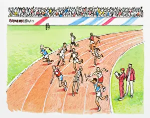 Teamwork Prints: Illustration of athletes passing the baton during relay race as sports officials look on