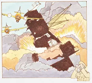 Destruction Prints: Illustration of the attack on Pearl Harbour by Japanese bombers during World War II