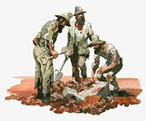 Images Dated 12th March 2010: Illustration of Australian explorers Burke, Wills and King digging up boxes in outback with spades