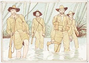 Jungle Gallery: Illustration of Australian soldiers of the Pacific War during World War II wading through swamp