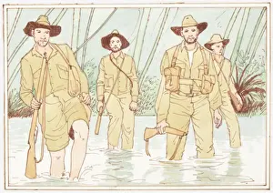 Jungle Prints: Illustration of Australian soldiers of the Pacific War during World War II wading through swamp