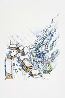 Illustration of avalanche moving down mountains to snow-covered rooftops in valley