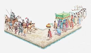 Four Animals Collection: Illustration of Axzecs welcome conquistadors as Moctezuma walks beneath canopy to greet