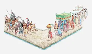 Friendship Prints: Illustration of Axzecs welcome conquistadors as Moctezuma walks beneath canopy to greet the Spaniards at Tenochtitlan