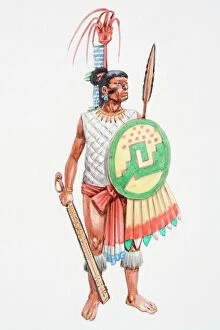 Images Dated 23rd August 2006: Illustration, Aztec apprentice warrior clad in loincloth carrying a spear-thrower (Atlatl)