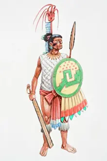 Mexico Prints: Illustration, Aztec apprentice warrior clad in loincloth carrying a spear-thrower (Atlatl)