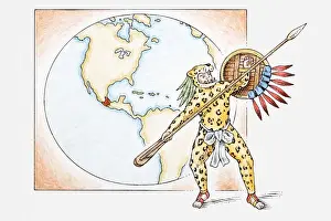 Big Cat Prints: Illustration of Aztec Jaguar Warrior in front of map with ancient Aztec kingdom highlighted