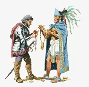 Illustration of Aztec King Moctezuma exchanging gifts with Cortes