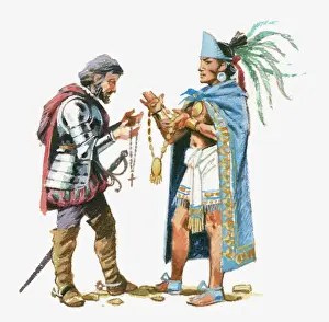 Mid Adult Prints: Illustration of Aztec King Moctezuma exchanging gifts with Cortes