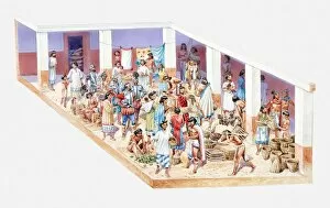 Illustration of Aztec market on Tenochtitlan