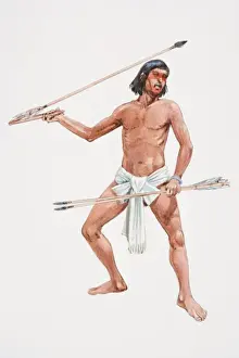 Mexico Prints: Illustration, Aztec warrior in armour carrying yellow-green and red dotted shield