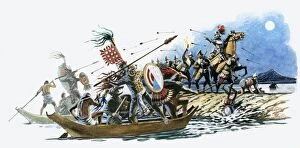 Spear Gallery: Illustration of Aztec warriors offshore in canoes and Cortez on land throwing spears at each other