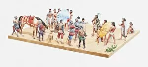 Images Dated 8th July 2010: Illustration of Aztecs greeting the Spanish conquistadors, giving them gold