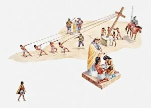 Illustration of Aztecs slaves raising crosses and being baptised by Christian priest