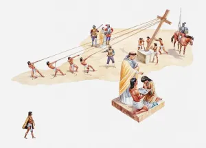 Domination Prints: Illustration of Aztecs slaves raising crosses and being baptised by Christian priest