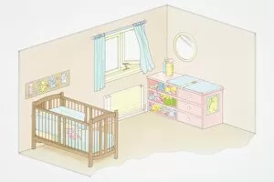 Illustration, babys bedroom designed according to child-safety principles, elevated view