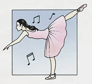 Balance Prints: Illustration of ballet dancer leaning forward on one leg with other leg in the air using vestibulocochlear nerves to