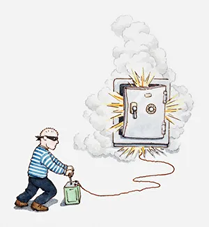 Images Dated 4th January 2011: Illustration of bank robber making a safe explode