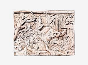 Illustration of bas relief showing Khmer and Champa warriors, Angkor Wat, Angkor, Cambodia
