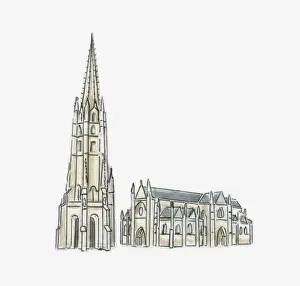 Bordeaux Prints: Illustration of Basilique Saint-Michel (St Michaels Basilica), Bordeaux, Gironde, France
