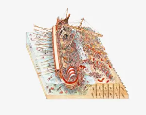 Sinking Prints: Illustration of battle between Egyptians and Julius Ceasars force causing galley to sink