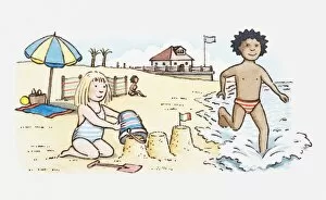 Illustration of a beach scence, girl playing in sand with bucket, boy running into the sea