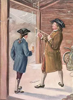 Illustration of Benjamin Franklin and Assistant Performing Lightning Experiment
