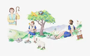 Staff Prints: Illustration of a bible scene, 1 Samuel 16, David, a shepherd, looking after his flock
