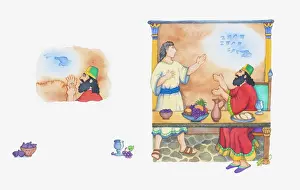 Showing Prints: Illustration of a bible scene, Daniel 5, writing on the wall at King Belshazzars feast