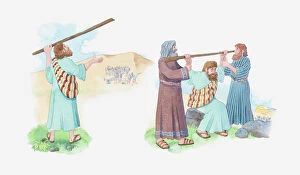 Support Collection: Illustration of a bible scene, Exodus 17, Moses holds his staff up to God