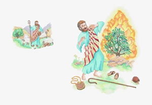 Illustration of a bible scene, Exodus 3, Moses and the Burning Bush, God reveals himself to Moses