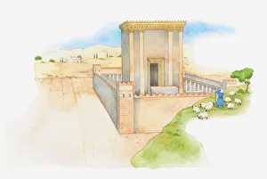Incidental People Collection: Illustration of a bible scene, Ezra 1-6, King Darius allows the Jews to rebuild the Holy Temple