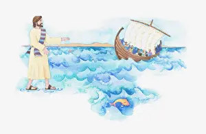 Illustration of a bible scene, Jesus walking on water