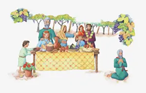Two Parents Prints: Illustration of a bible scene, Job 1, Jobs family feasting at his brothers house