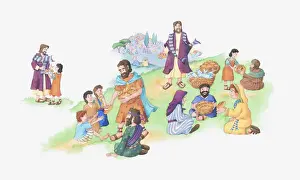Receiving Prints: Illustration of a bible scene, John 6, Jesus feeds the 5000