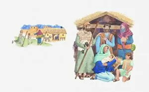Visit Collection: Illustration of a bible scene, Luke 2, the shepherds travel to Bethlehem to see baby Jesus