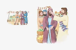 Miracle Prints: Illustration of a bible scene, Mark 8, Jesus heals the blind