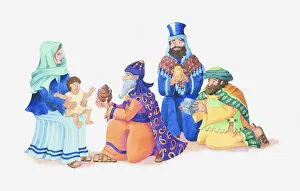 Visit Collection: Illustration of a bible scene, Matthew 2, Three Kings visit newborn Jesus and bring gifts of gold