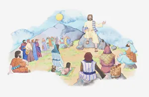 Summit Collection: Illustration of a bible scene, Matthew 5, Jesus gives a sermon from the summit of a mountain