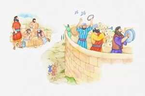 Jerusalem Gallery: Illustration of a bible scene, Nehemiah 3, 12, Gods people build a wall around Jerusalem