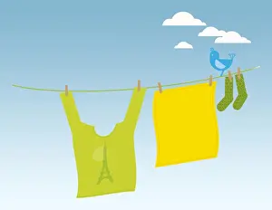 Washing Line Prints: Illustration of bird perching on washing line