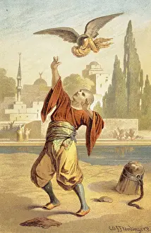 Minaret Prints: Illustration of a Bird Stealing a Man's Turban by Carl Offterdinger from The Arabian Nights