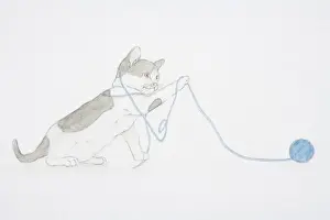 String Prints: Illustration, black and white kitten playing with ball of wool